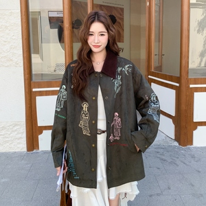 日系复古设计感刺绣外套女2025年秋季新款超好看宽松翻领夹克上衣图片