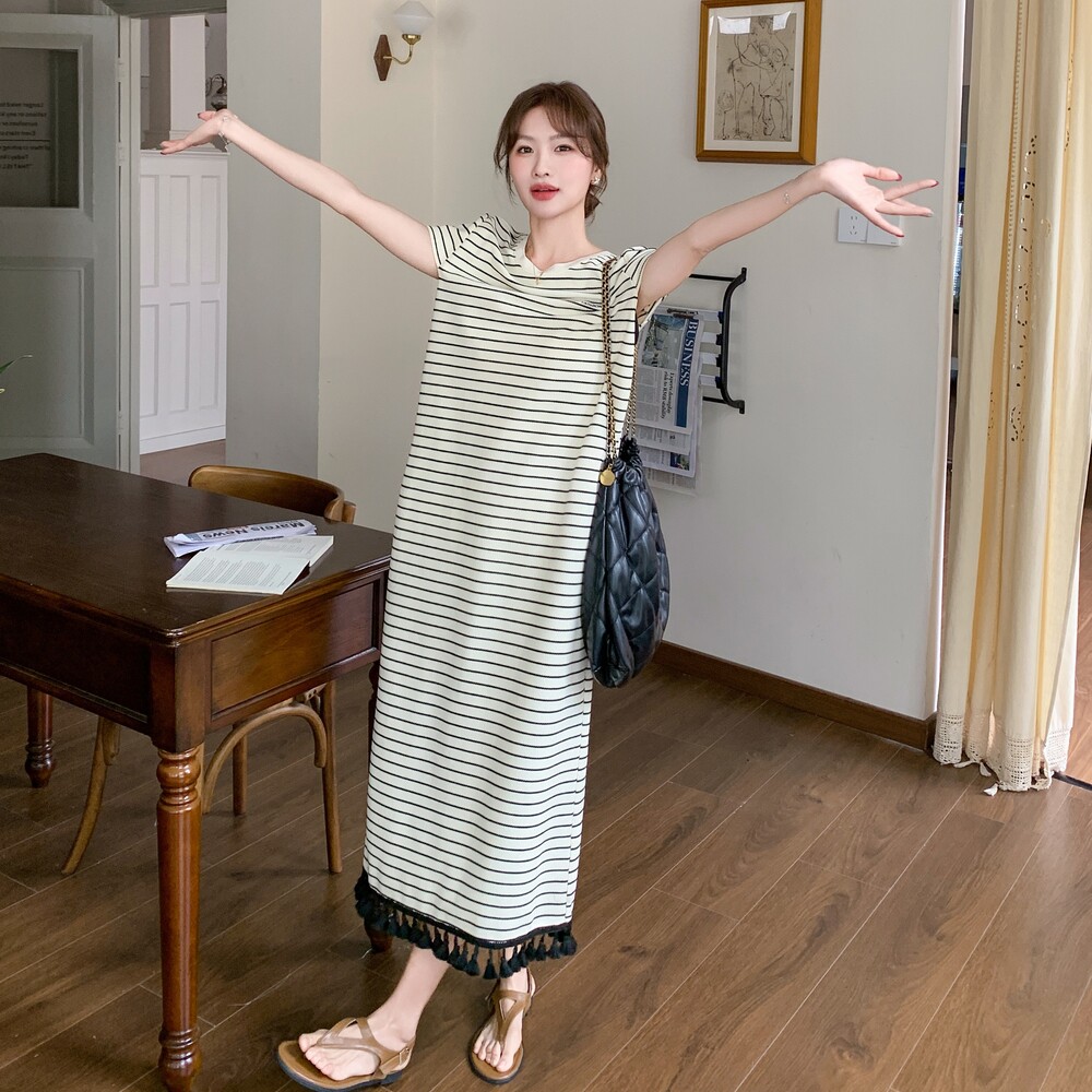 韩版减龄条纹T恤连衣裙女2025夏季新款慵懒风显瘦小心机露背长裙,女装连衣裙,浙宝199