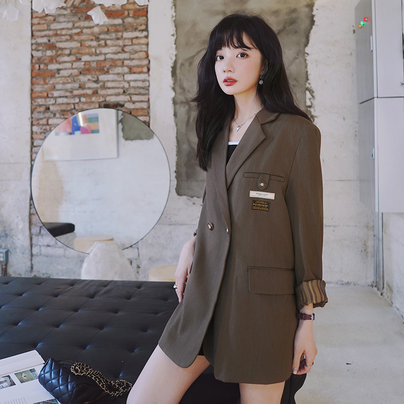 欧洲站小西装外套女春秋2023年薄款宽松贴标双排扣西服休闲上衣潮,女装风衣,浙宝199