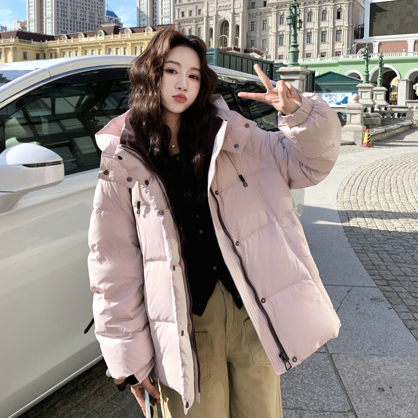 199-W35-90绒P315-控488【好款现货】粉色羽绒服面包服宽松连帽,女装羽绒服,浙宝199