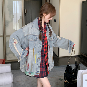 早秋复古设计感破洞做旧外套女2025新款时尚格子衬衫上衣图片