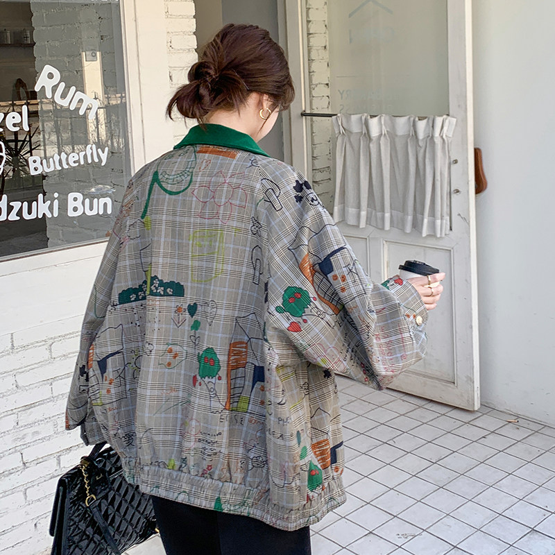美式复古格纹涂鸦外套女2025春季新款学院风休闲减龄夹克上衣爆款,女装西装,浙宝199