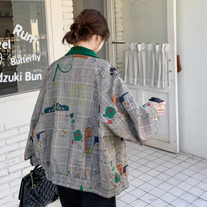 美式复古格纹涂鸦外套女2025春季新款学院风休闲减龄夹克上衣爆款图片