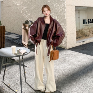 199-26306-P165-控238【好款现货】朱砂红皮衣机车服夹克短外套图片