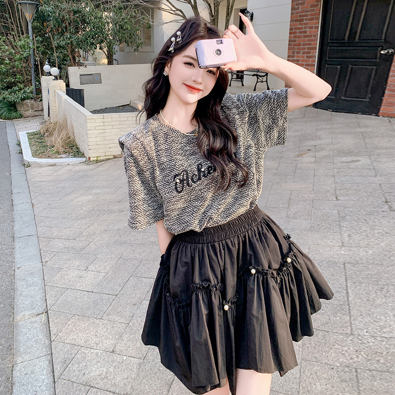 小香风时尚套装裙女夏季新款网红爆款字母T恤黑色半身裙两件套潮，女装套装/套裙，浙宝199