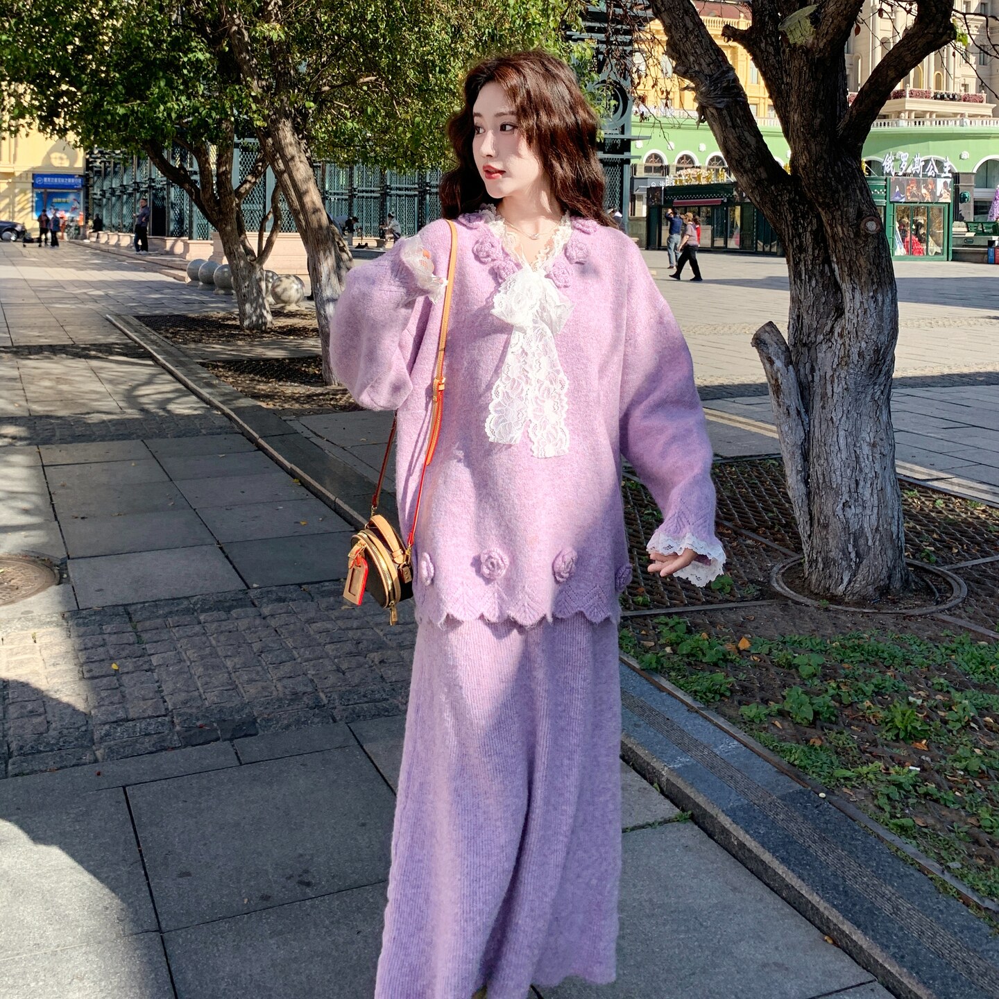 199-26398-P155-K228【好款现货】二件套半身裙毛织花边蝴蝶结,女装套装/套裙,浙宝199