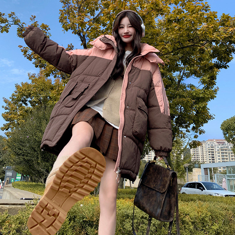粉色连帽棉衣冬季女2024新款韩系宽松休闲撞色学院风加厚棉袄外套,女装棉衣/棉服,浙宝199