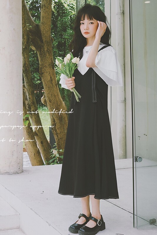法式泡泡袖假两件连衣裙女2024夏季新款高级感气质显瘦小个子裙子,女装套装/套裙,浙宝199