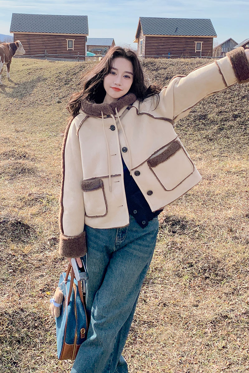 小个子连帽皮毛一体毛毛外套女2025冬季新款设计感减龄加厚棉服,女装短外套,浙宝199