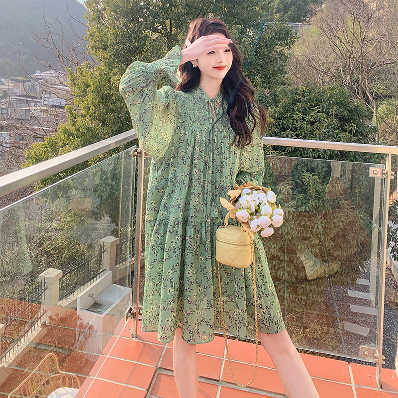 法式印花长袖连衣裙女2024春夏新款小个子立领系带宽松a字碎花裙,女装连衣裙,浙宝199