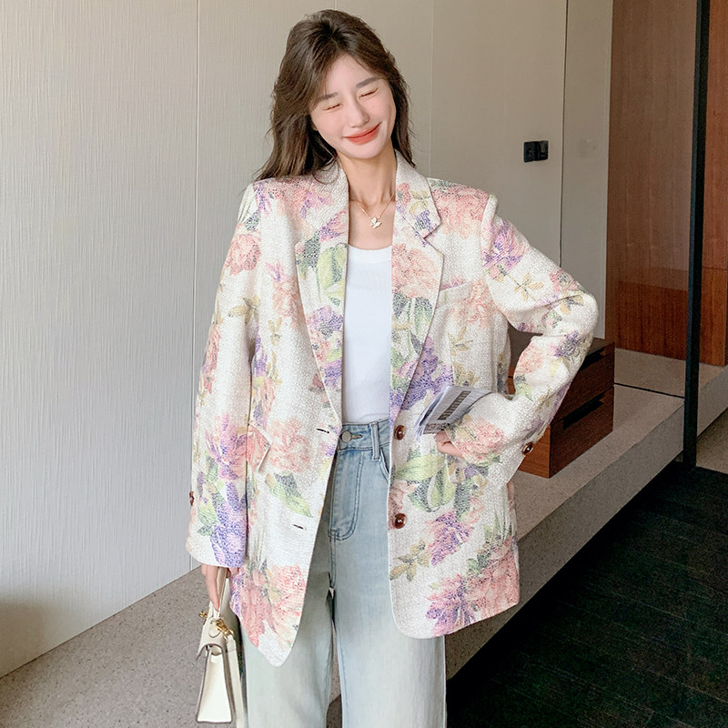 法式浪漫设计感短外套女2025早春新款花朵油画印花宽松减龄西装,女装西装,浙宝199