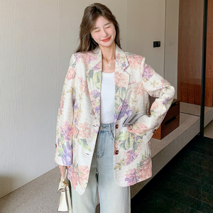 法式浪漫设计感短外套女2025早春新款花朵油画印花宽松减龄西装图片