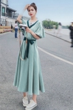 温柔风泡泡袖连衣裙女收腰显瘦长裙夏2025新款法式初恋森系桔梗裙，女装连衣裙，浙宝199