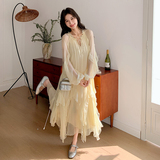 黄色木耳边连衣裙女春季2025新款独特漂亮法式高级感度假仙女长裙，商品下架区，浙宝199