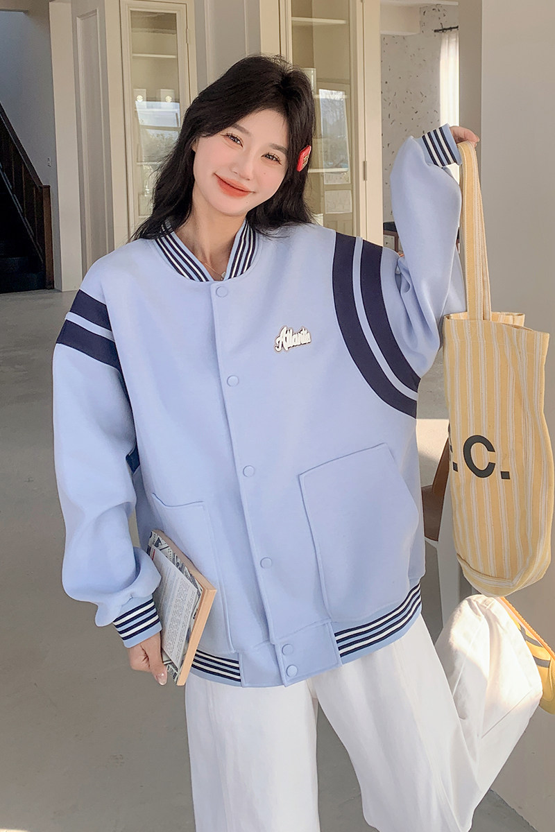 蓝色美式复古棒球服外套女春秋2025新款学院韩版宽松休闲夹克上衣,女装短外套,浙宝199
