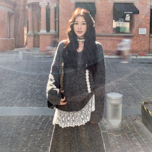 设计感蕾丝拼接针织上衣半裙套装女2025秋斜肩温柔甜妹好看两件套图片