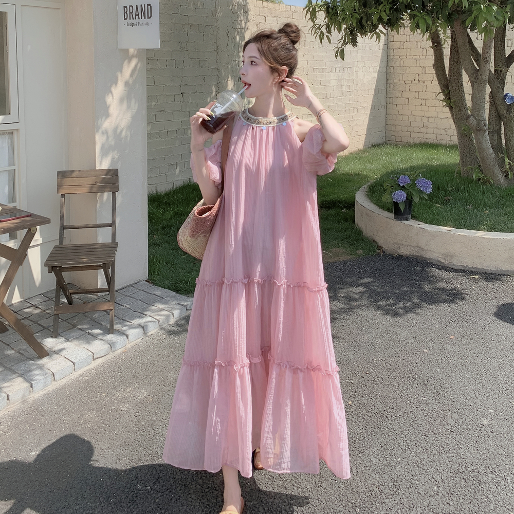 粉色露肩挂脖连衣裙女2025夏季新款法式浪漫度假风气质绝美仙女裙，商品下架区商品下架区，浙宝199