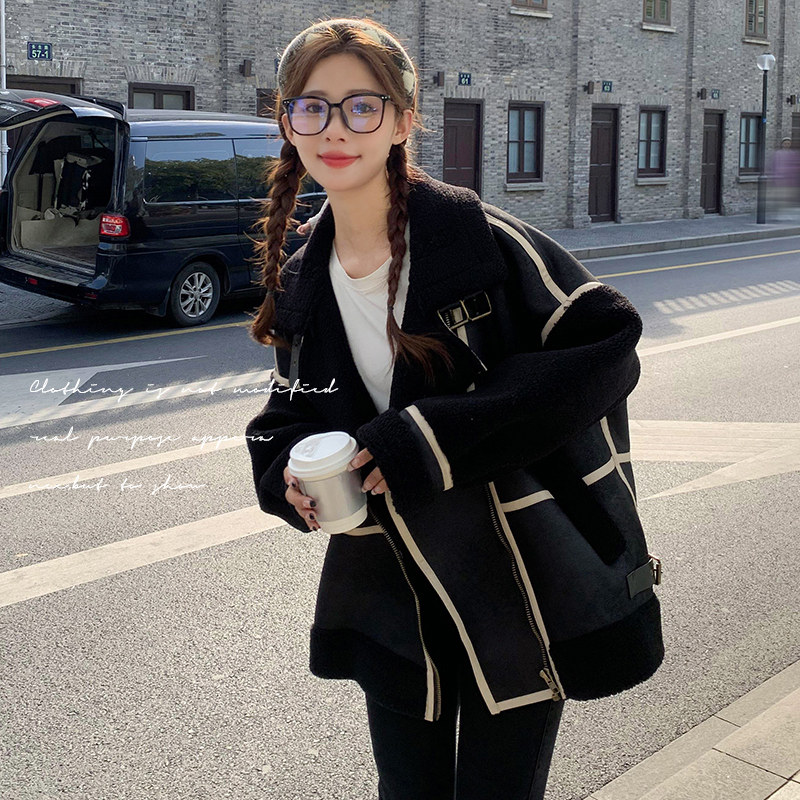 香港秋冬新款欧货皮毛一体机车黑色外套女慵懒风显瘦加厚保暖大衣,女装短外套,浙宝199