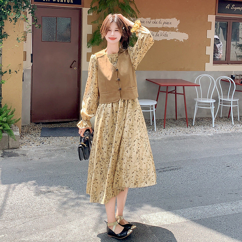 麂皮绒马甲碎花连衣裙女2025新款早秋穿搭温柔风绝美长裙,女装连衣裙,浙宝199