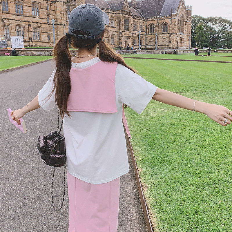 学院风粉色休闲套装女2025夏季新款韩版宽松元气减龄半身裙俩件套,女装套装/套裙,浙宝199