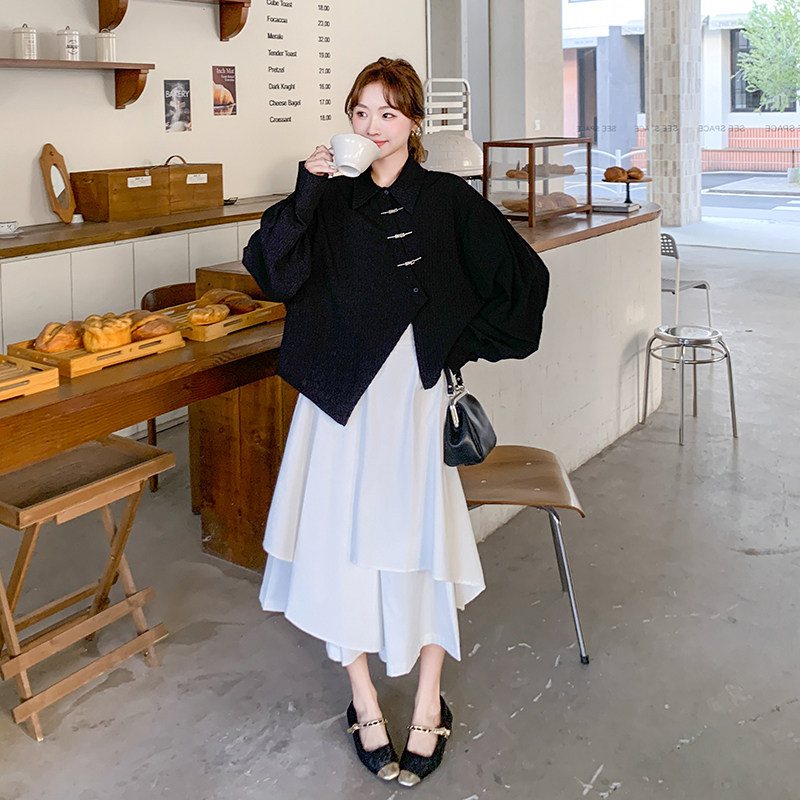 黑色新中式盘扣衬衫裙女春季2025年新款设计感半身长裙,女装连衣裙,浙宝199