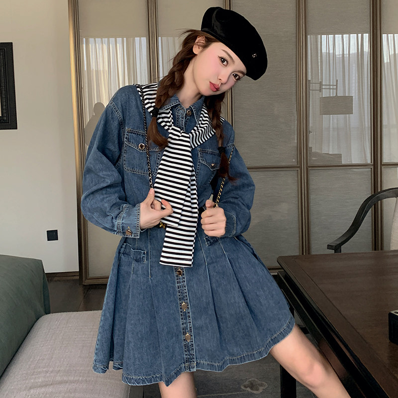 复古小个子牛仔连衣裙女2025春新款韩版收腰显瘦学院风减龄百褶裙,女装连衣裙,浙宝199