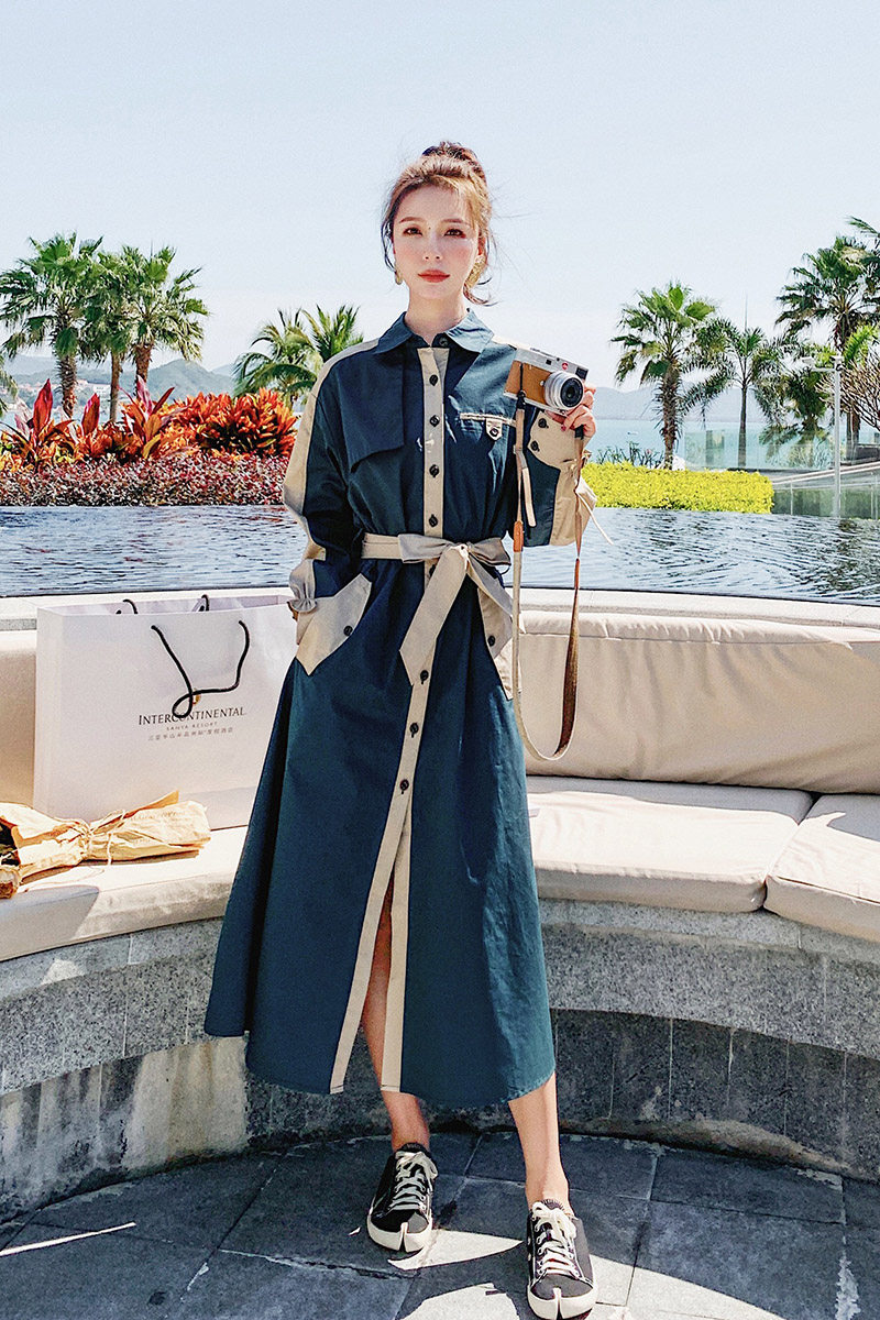 法式复古拼色长袖连衣裙女2025春季新款衬衫裙气质显瘦桔梗长裙,女装连衣裙,浙宝199