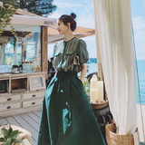 军绿色半身裙女夏季2024新款设计感气质泡泡袖格纹衬衣，女装连衣裙，浙宝199