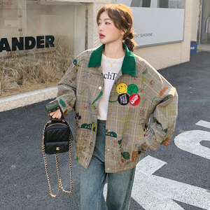 美式复古格纹涂鸦外套女2025春季新款学院风休闲减龄夹克上衣爆款图片