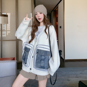 学院风牛仔拼接毛衣外套女秋季2025新款小个子高级感穿搭呢子大衣图片