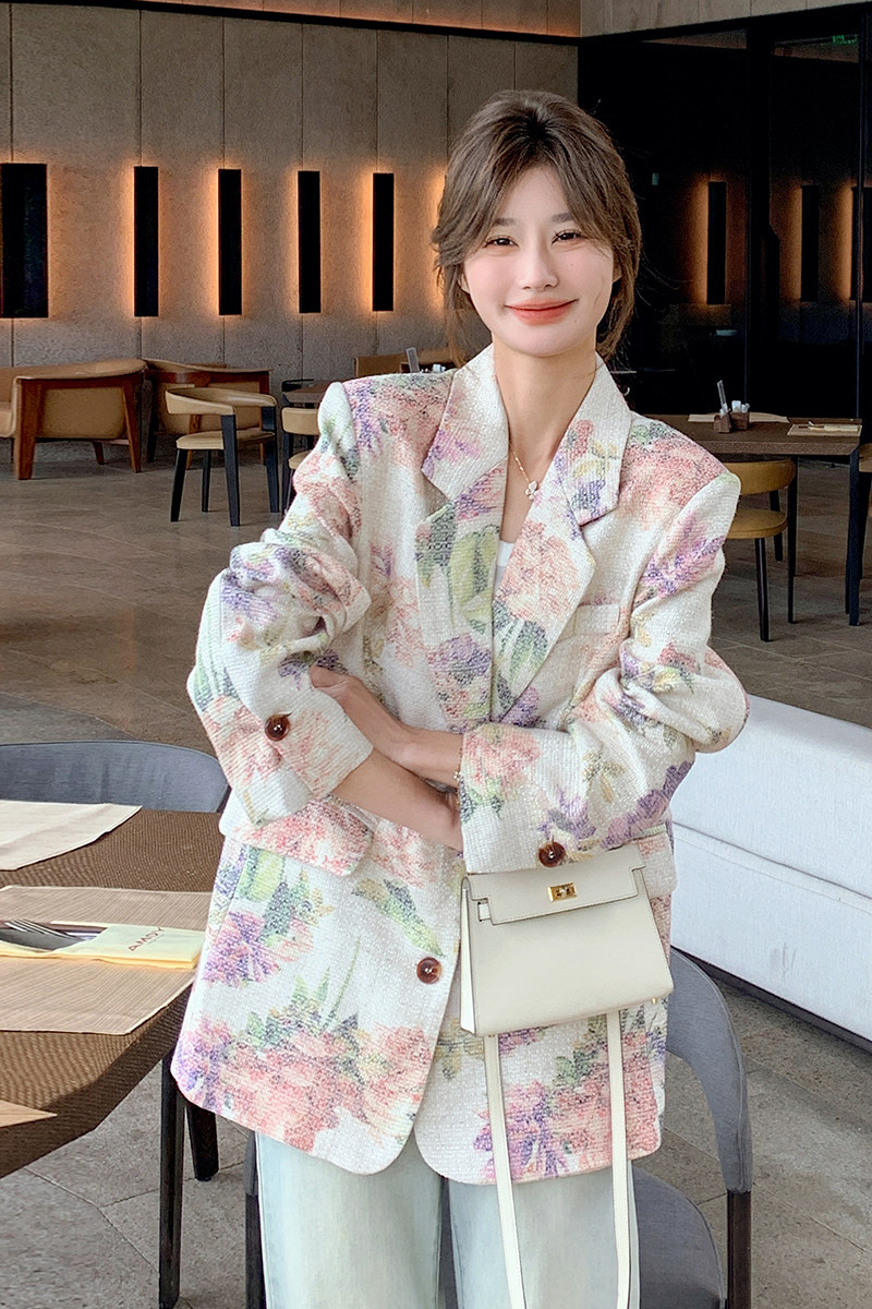法式浪漫设计感短外套女2025早春新款花朵油画印花宽松减龄西装,女装西装,浙宝199