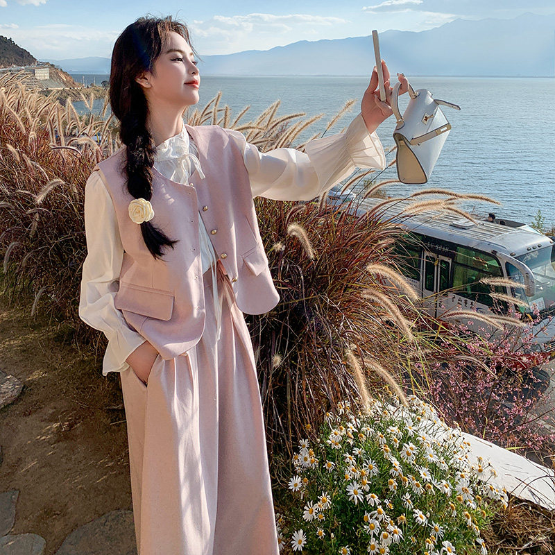 粉色甜美减龄套装裙女春季2025年新款法式温柔风马甲半身裙三件套,女装套装/套裙,浙宝199