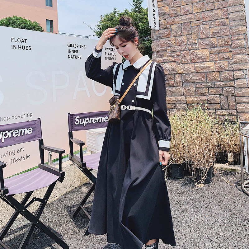 黑色海军领法式长袖连衣裙女秋收腰显瘦长裙2025新款茶歇桔梗裙子,女装风衣,浙宝199