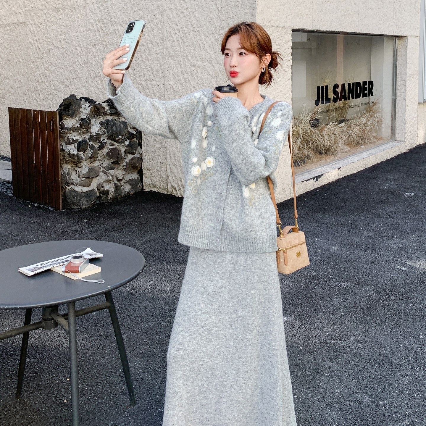 199-26396-P155-K228【好款现货】二件套毛织半身裙开衫套装,女装套装/套裙,浙宝199