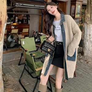 韩版慵懒风长款针织外套女2025春秋新款法式复古显瘦牛仔拼接上衣图片
