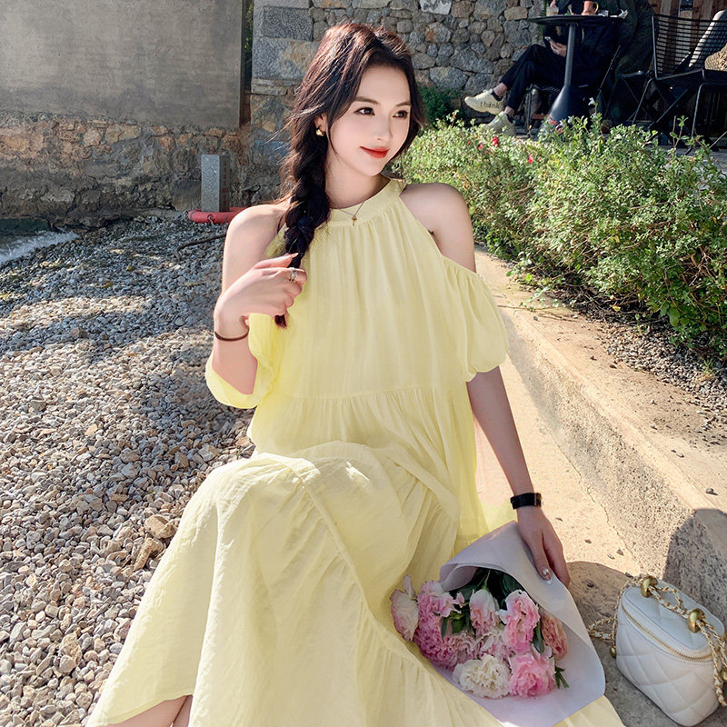 多巴胺黄色泡泡袖挂脖连衣裙女夏慵懒风松弛独特绝美度假露肩长裙，商品下架区商品下架区，浙宝199