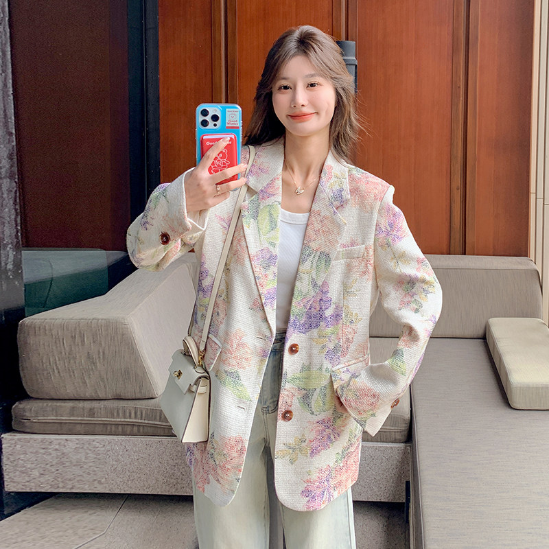 法式浪漫设计感短外套女2025早春新款花朵油画印花宽松减龄西装,女装西装,浙宝199