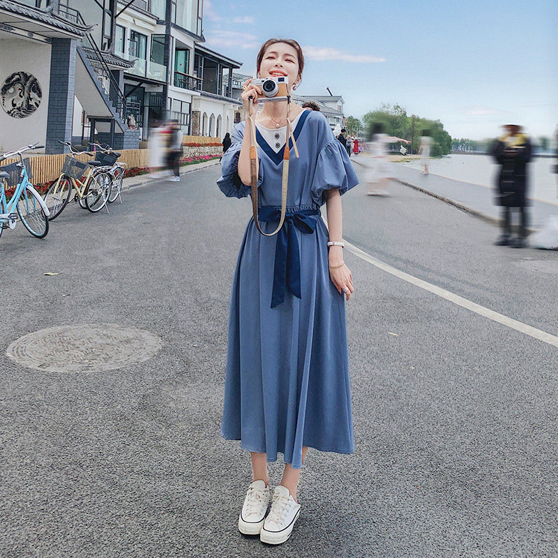 泡泡袖绿色连衣裙夏季女2025新款高级感别致惊艳绝美v领显瘦长裙,女装连衣裙,浙宝199