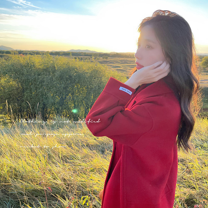 红色毛呢西装外套女秋冬季短款小个子结婚新娘2025新款呢子小西服,女装毛呢外套,浙宝199
