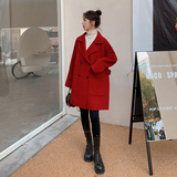 红色韩版洋气宽松毛呢外套女冬中长款小个子2024新款时尚呢子大衣，女装毛呢外套，浙宝199