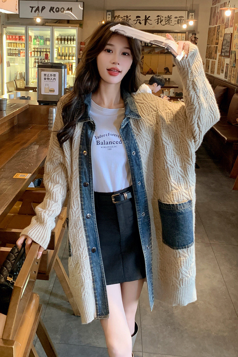 韩版慵懒风长款针织外套女2025春秋新款法式复古显瘦牛仔拼接上衣,针织衫/毛衣,浙宝199