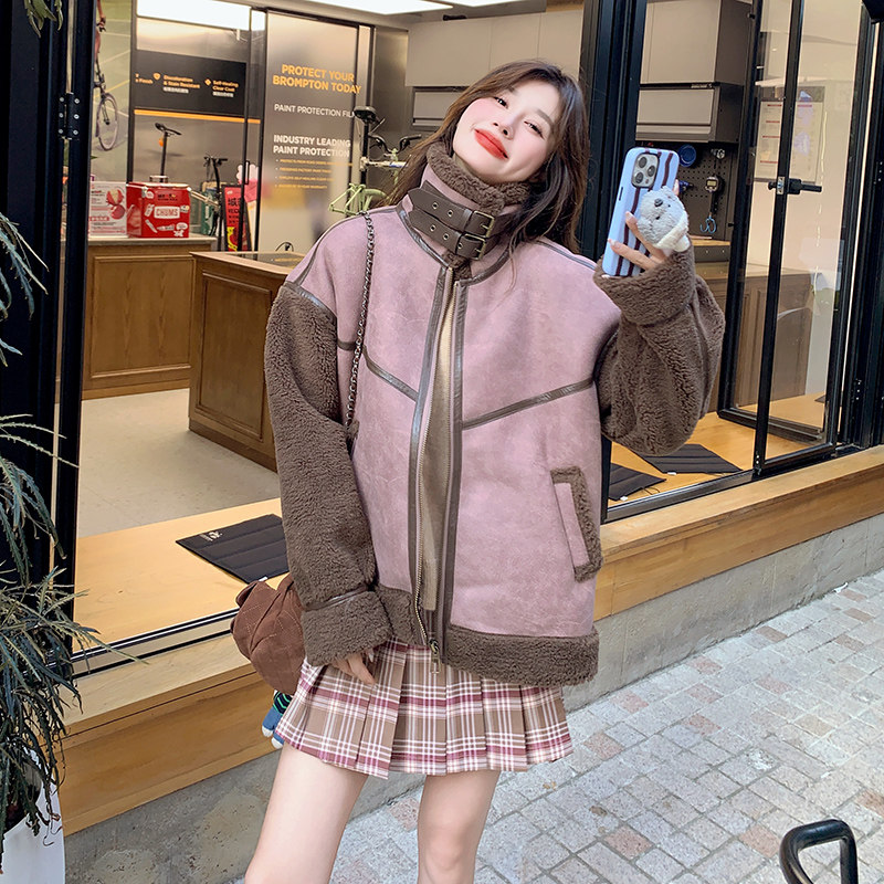 皮毛一体羊羔毛外套女2024冬季新款小个子宽松百搭加厚保暖机车服,女装短外套,浙宝199