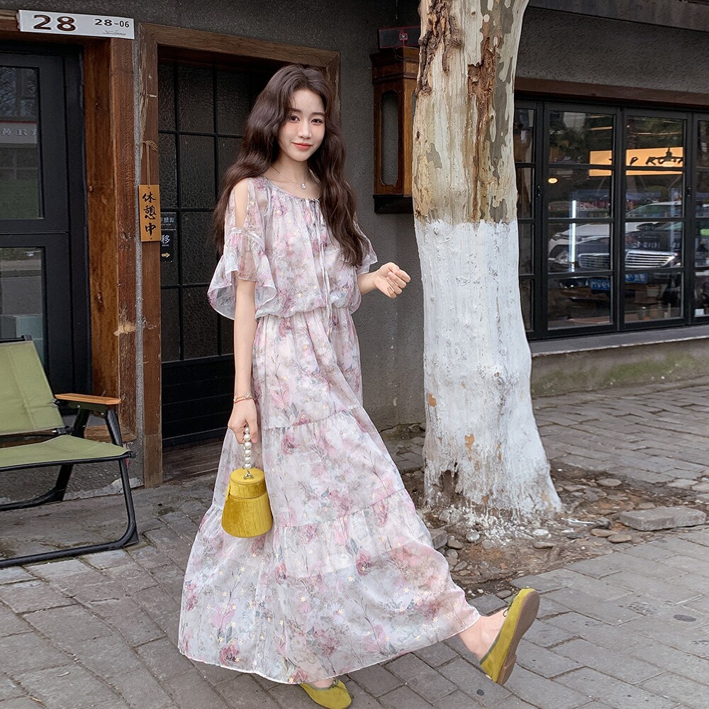 浪漫减龄露肩荷叶袖碎花连衣裙女2025夏季仙气飘飘高级感日系长裙,女装连衣裙,浙宝199