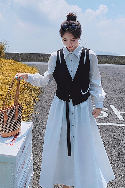 小众设计感撞色拼接长袖连衣裙女秋季2024新款时尚洋气衬衫长裙子,女装连衣裙,浙宝199