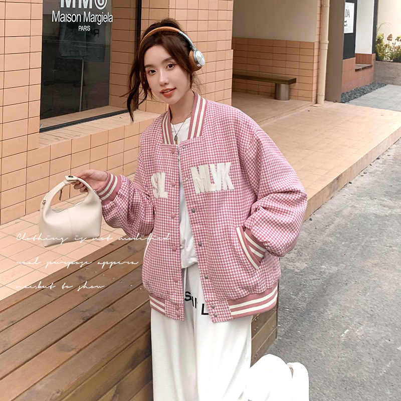 设计感粉色棒球服短外套女2025春秋季新款学院风甜美减龄夹克上衣,女装短外套,浙宝199