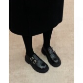 黑色皮带扣厚底粗跟小皮鞋 复古英伦风布洛克休闲乐福鞋 女2026新款