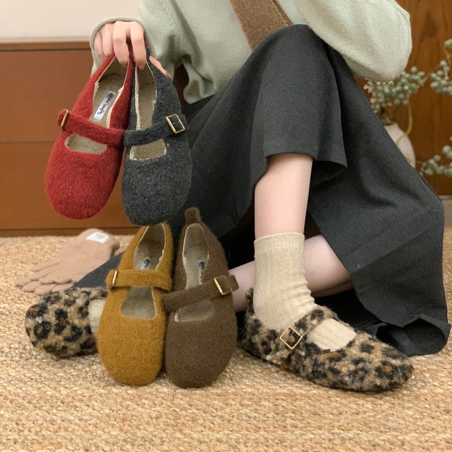 圆头豹纹加绒毛毛鞋女外穿