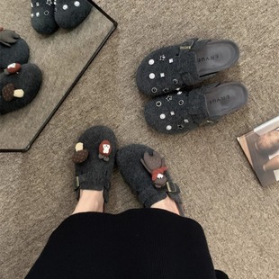 女外穿拖鞋 复古包头半拖鞋 女2025新款 森系毛呢铆钉水钻厚底勃肯鞋