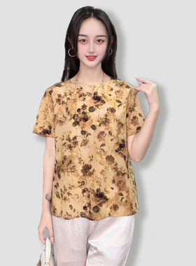100桑蚕丝真丝双绉秋月玫瑰法式宽松圆领桑蚕丝T恤上衣DXE05