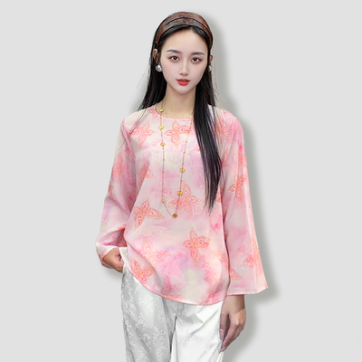 100桑蚕丝真丝双绉晴纯粉蝶气质圆领长袖印花桑蚕丝T恤上衣CXA51